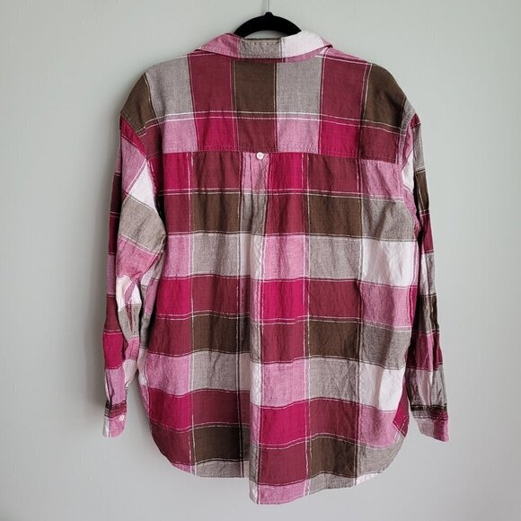 Vintage 90s Cotton Brown Cream Pink Checks Metallic Thread Button Down Shirt - Picture 4 of 7